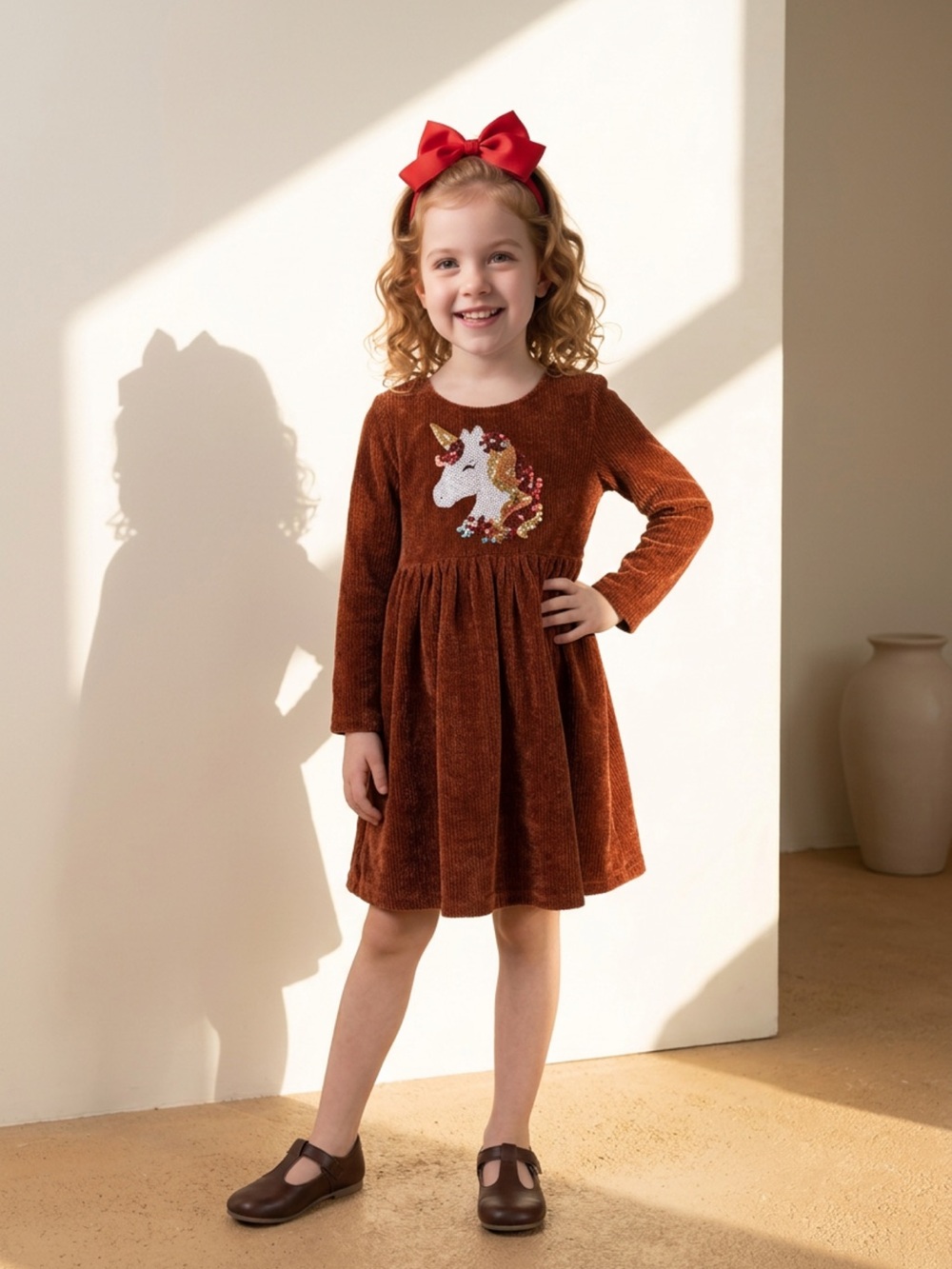 Lilt Girls Rust Brown Soft Corduroy Unicorn Sequin Dress